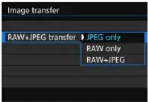 Image transfer RAW+JPEG transfer: JPEG only / RAW only / RAW+JPEG