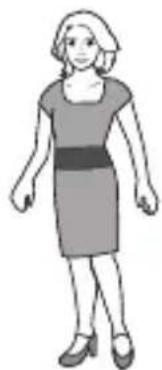 Illustration of a woman in a dress and shoes, standing with arms extended (no text or symbols)
