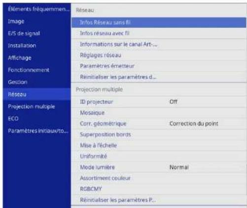 Éléments fréquemment utilisés Réseau Image Infos Réseau sans fil E/S de signal Infos réseau avec fil Installation Informations sur le canal Art... Affichage Réglages réseau Fonctionnement Paramètres émetteur Réinitialiser les paramètres d... Gestion Projection multiple ID projecteur Off Mosaïque Cor…