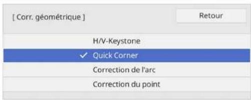Correction géométrique : H/V-Keystone, Quick Corner (sélectionné), Correction de l'arc, Correction du point.