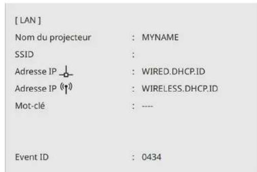[ LAN ] Nom du projecteur : MYNAME SSID : Adresse IP (filiaire) : WIRED.DHCP.ID Adresse IP (sans fil) : WIRELESS.DHCP.ID Mot-clé : ---- Event ID : 0434
