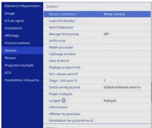 Éléments fréquemment utilisés : Image, E/S de signal, Installation, Affichage, Fonctionnement, Gestion, Réseau, Projection multiple, ECO, Paramètres initiaux/totaux, Gestion, Bouton utilisateur, Logo d'utilisateur, Motif Utilisateur, Blocage fonctionnement, Uniformité, Mode actualiser, Calibrage lum…