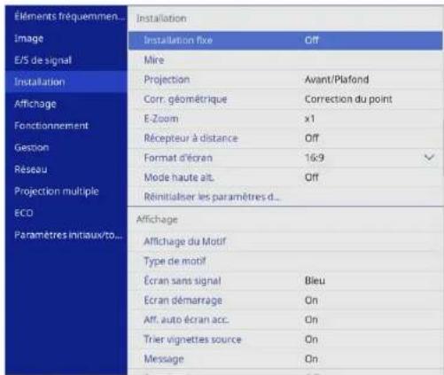 Éléments fréquemment utilisés : Installation, Image, E/S de signal, Mire, Projection, Avant/Plafond, Corr. géométrique, Correction du point, E-Zoom x1, Récepteur à distance Off, Format d'écran 16:9, Réseau, Mode haute alt. Off, Réinitialiser les paramètres d'usine, Affichage, Affichage du Motif, Typ…