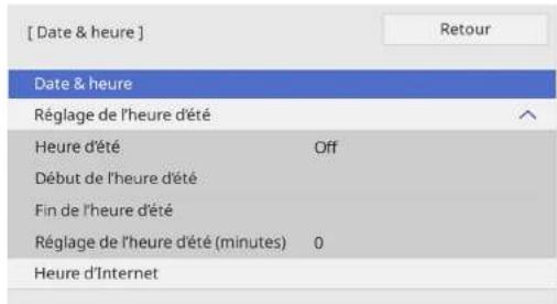 [ Date & heure ] Date & heure Réglage de l'heure d'été Heure d'été Off Début de l'heure d'été Fin de l'heure d'été Réglage de l'heure d'été (minutes) 0 Heure d'Internet