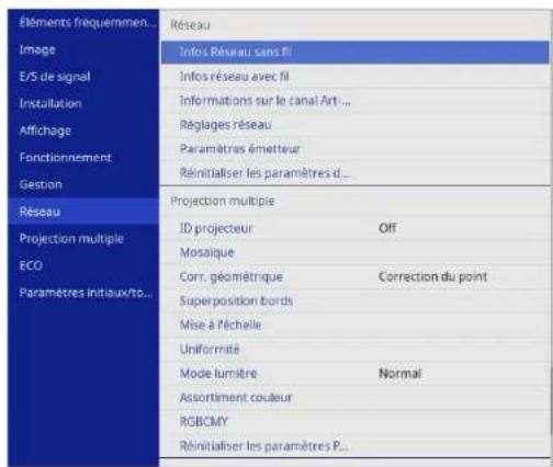 Éléments fréquemment utilisés Image E/S de signal Installation Affichage Fonctionnement Gestion Réseau Projection multiple ECO Paramètres initiaux/tous les paramètres Réseau Infos Réseau sans fil Infos réseau avec fil Informations sur le canal Art... Réglages réseau Paramètres émetteur Réinitialiser…