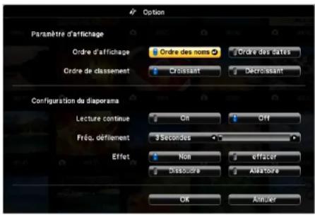 Option Paramètre d'affichage Ordre d'affichage Ordre des noms Ordre des dates Ordre de classement Croissant Décroissant Configuration du diorama Lecture continue On Off Prévisualisation 3 secondes Effet Non effacer diffusière Allastore OK Annuler