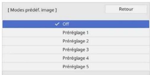 [ Modes prédéf. image ] Off Préréglage 1 Préréglage 2 Préréglage 3 Préréglage 4 Préréglage 5 Retour