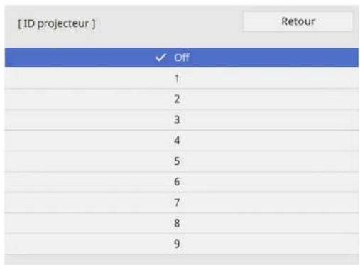 [ID projecteur] Off 1 2 3 4 5 6 7 8 9 Retour