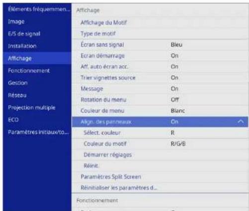 Éléments fréquemment utilisés Image E/S de signal Installation Affichage Fonctionnement Gestion Réseau Projection multiple ECO Paramètres initiaux/tous les paramètres Affichage Affichage du motif Type de motif Écran sans signal : Bleu Écran de démarrage : On Affichage auto de l'écran d'accueil : On…