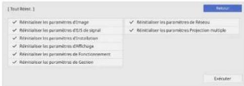 [Tout Réiné.] ✓ Reinstaliser les paramètres d'image ✓ Reinstaliser les paramètres d'ES de signal ✓ Reinstaliser les paramètres d'installation ✓ Reinstaliser les paramètres d'affichage ✓ Reinstaliser les paramètres de fonctionnement ✓ Reinstaliser les paramètres de gestion ✓ Reinstaliser les paramètr…