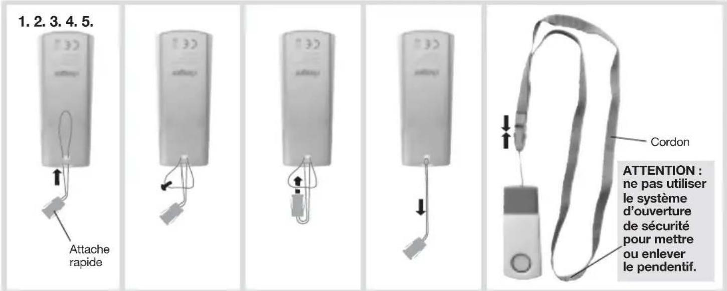 1. 2. 3. 4. 5. Attache rapide Cordon ATTENTION : ne pas utiliser le système d'ouverture de sécurité pour mettre ou enlever le pendentif.