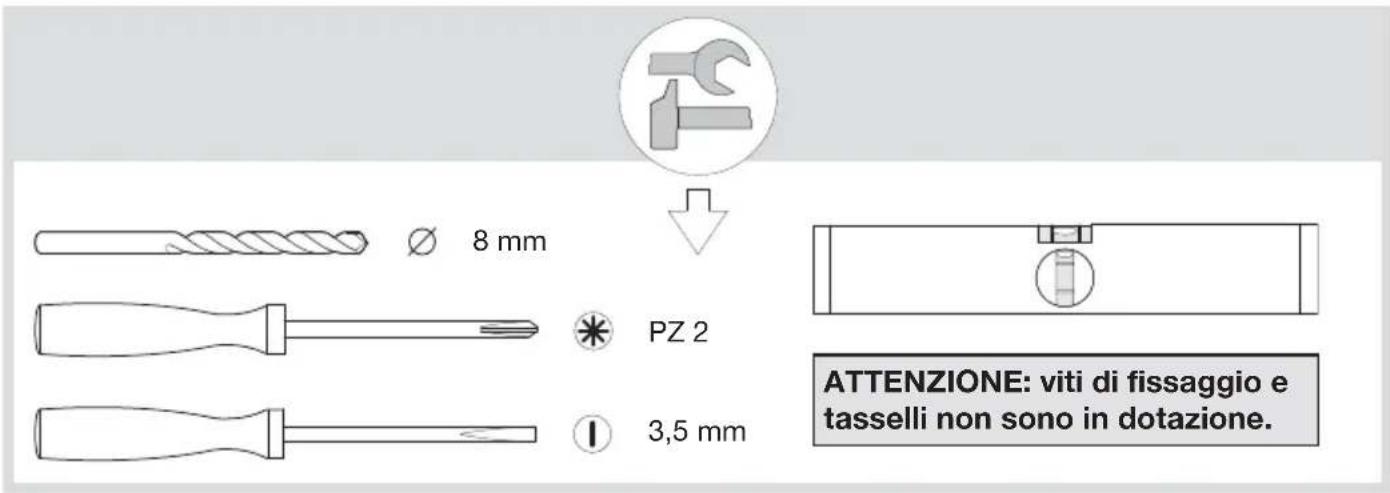 Ø 8 mm PZ 2 3,5 mm ATTENZIONE: viti di fissaggio e tasselli non sono in dotazione.