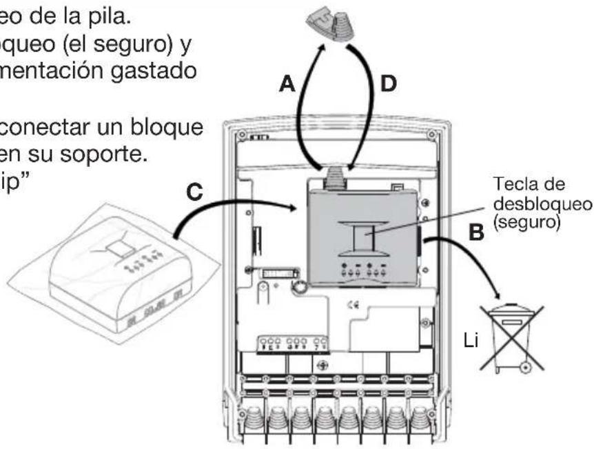 eo de la pila. queo (el seguro) y mentación gastado conectar un bloque en su soporte. ip" A D C B Tecla de desbloqueo (seguro) Li