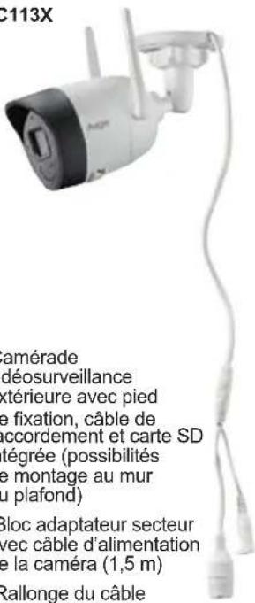 C113X amérade déosurveillance extérieur avec pied e fixation, câble de accordement et carte SD tégrée (possibilités e montage au mur u plafond) bloc adaptateur secteur avec câble d'alimentation e la caméra (1,5 m) Rallonge du câble