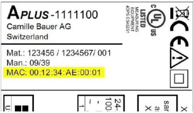 APLUS-1111100 Camille Bauer AG Switzerland Mat.: 123456 / 1234567/ 001 Man.: 09/39 MAC: 00:12:34:AE:00:01 LISTED MEASURING EQUIPMENT 4DP5 E345257 U - 1 24- 100 X sar X CEA