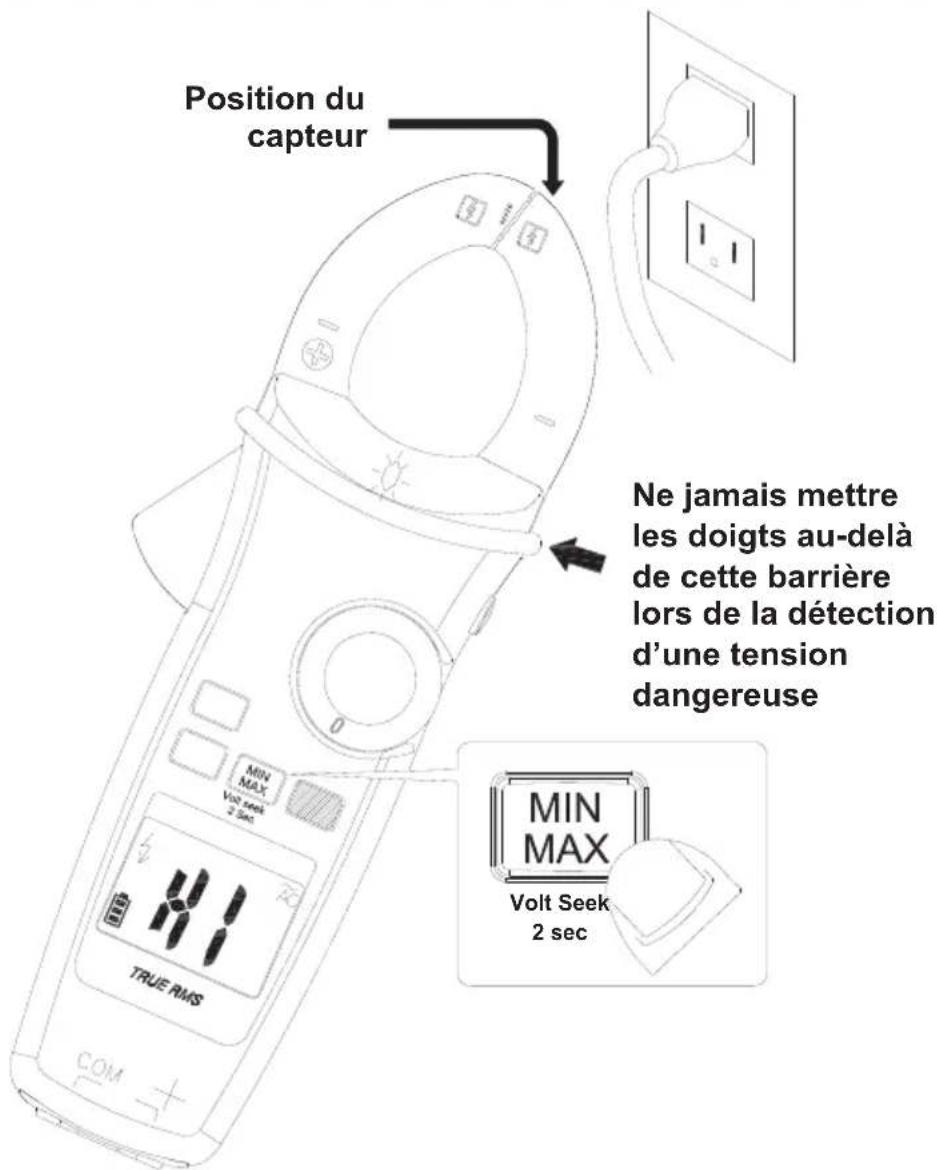 Position du capteur Ne jamais mettre les doigts au-delà de cette barrière lors de la détection d'une tension dangereuse MIN MAX Volt Seek 2 sec TRUE RMS MIN MAX Volt Seek 2 sec