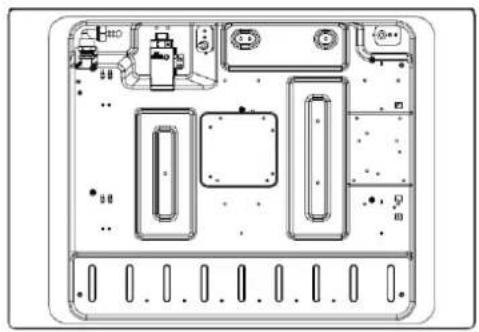 Top-down schematic of a device casing with internal compartments and mounting points (no text or symbols)