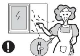 Illustration showing a woman pointing at a window with a magnified inset showing electrical plug, indicating a safety or lighting hazard.