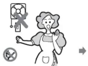 Illustration showing a person with a fan icon and a crossed-out 'No' symbol, likely indicating absence or prohibition.
