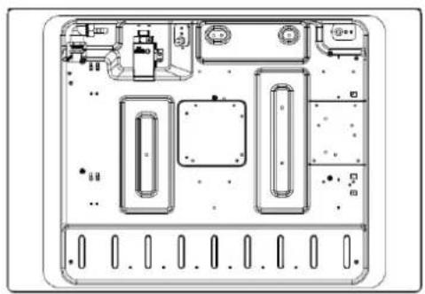 Top-down schematic of an electronic device casing with internal components and mounting holes (no text or labels)