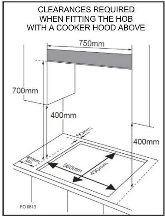 Clearances required when fitting the hob with a cooker hood above: 750mm, 700mm, 400mm, 60mm, 400mm, 200mm, 560mm, 490mm. FO 0813