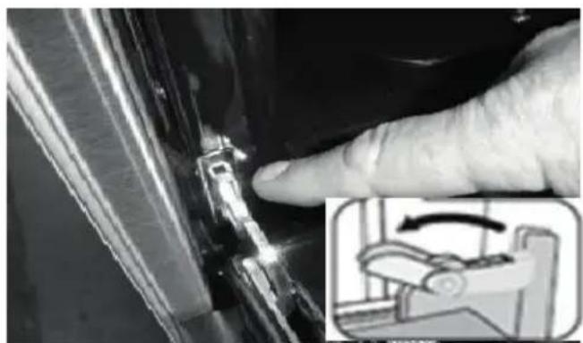 Close-up of a hand pressing a small mechanical component, with an inset showing a close-up of the mechanism (no text or symbols visible).
