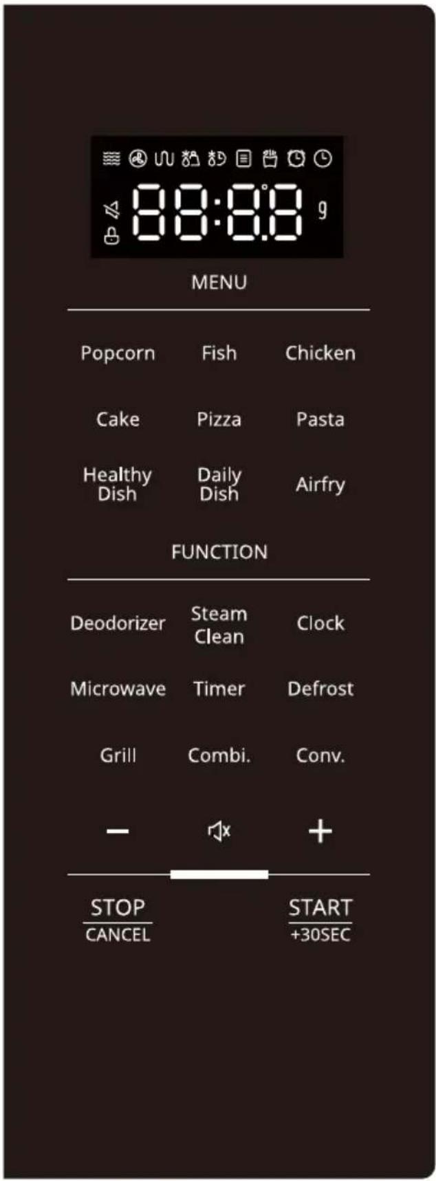 MENU Popcorn Ryba Kurczak Ciasto Pizza Makaron Zdrowa codzienność Airfry Danie Danie FUNKCJA Odświeżacz Para Zegar Mikrofale Timer Rozmrażanie Grill Combi. Pokrywa - + + STOP ANULUJ START +30 SEK