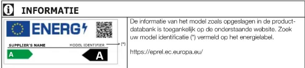 INFORMATIE ENERG NAAM LEVERANCIER MODELIDENTIFICATIE (P) A A De informatie van het model zoals opgeslagen in de productdatabank is toegankelijk op de onderstaande website. Zoek uw modelidentificatie (*) vermeld op het energielabel. https://eprel.ec.europa.eu/