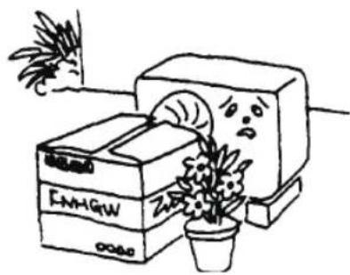 Simple line drawing of a printer with a potted plant and stacked boxes (no text or symbols)