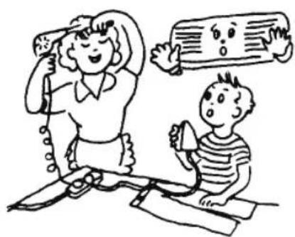 Illustration of a woman and a boy sitting on the floor, one holding a phone and the other holding a megaphone (no text or symbols present)
