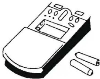 Line drawing of a remote control device with buttons and two cylindrical components (no text or symbols)