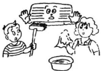 Cartoon illustration of three children playing with a large book, one holding a tool and another washing clothes (no text or symbols)