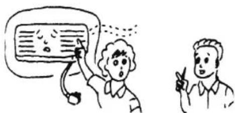 Hand-drawn cartoon showing a person pointing at a screen with text, while another person holds up a pencil and gestures with a speech bubble.