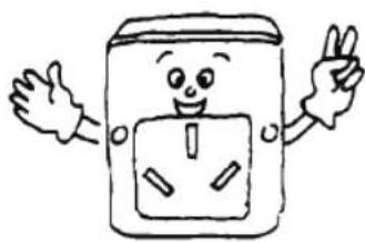 Cartoon illustration of a smiling electrical outlet with hands and a peace sign, no text or symbols.