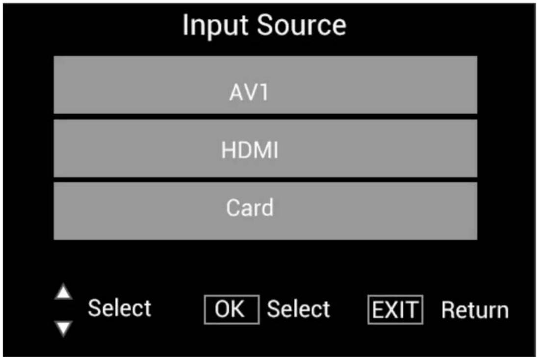 Input Source. AV1. HDMI. Card. Select OK Select EXIT Return.