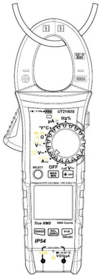 UT219DS μA Hz% °F°C Ω V- V~ A~ SELECT OFF LoZ V~ MAX MIN * OFF Professional NCDC Camp Domain -WAC & Motor Pin True RMS 6000 Counts RANGE REL ZERO V+A INRUSH IP54 COUT/REF + - + - °C VΩ/RuA