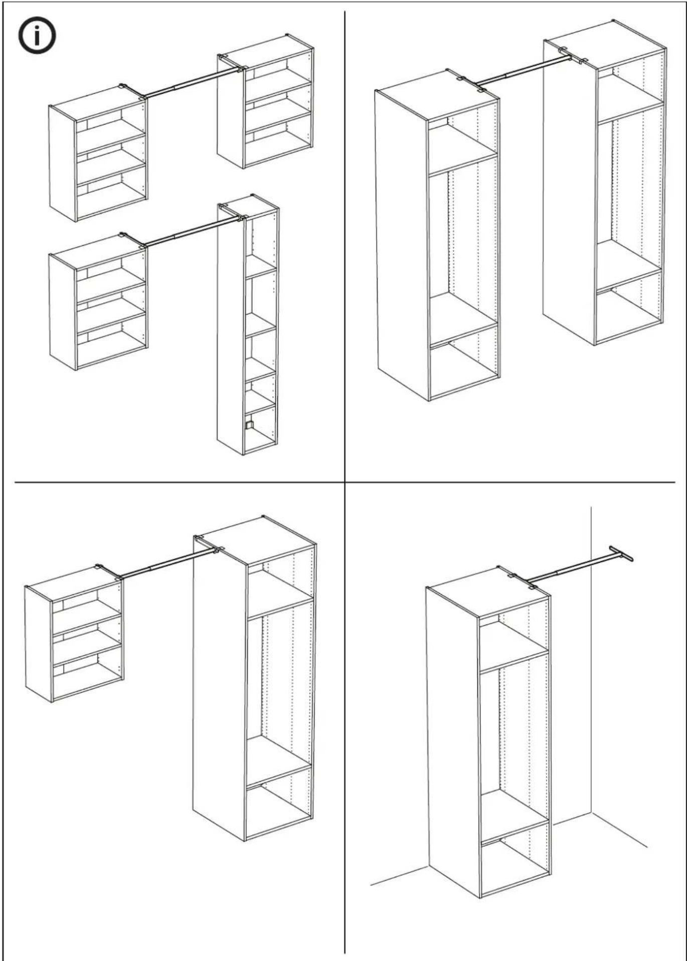 Technical diagram showing four different arrangements of a shared wardrobe or cabinet, with labeled components and assembly lines.