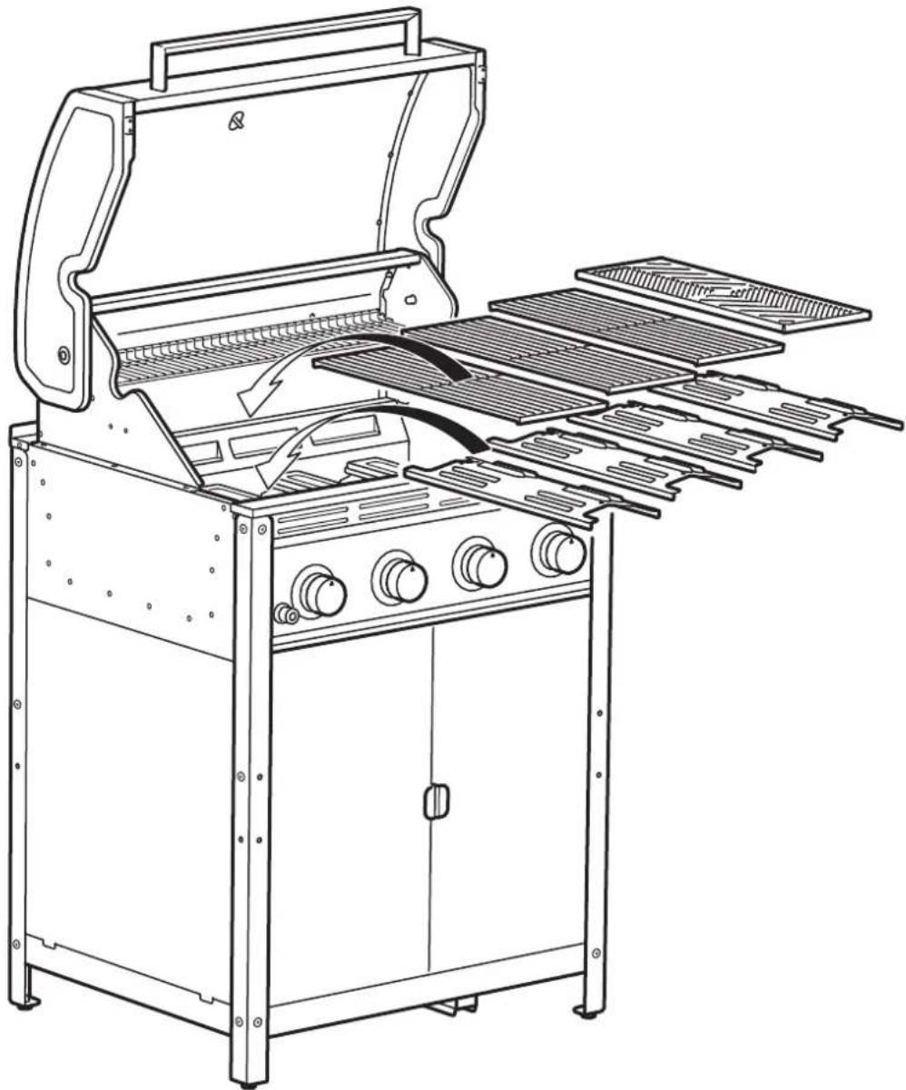 Dessin au trait d'un brûleur de cuisinière à gaz avec porte ouverte, montrant la grille interne et la disposition du ventilateur (sans texte ni étiquettes).