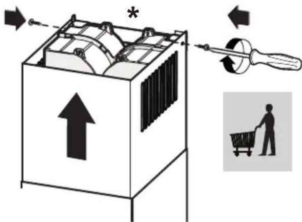 Diagram illustrating a recycling or storage operation with labeled components and directional arrows, including a worker pushing a cart.