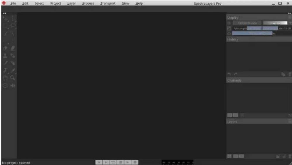 File Edit Select Project Layer Process Transport View Help SpektrLayers Pro Display Compacts view Language Min Angles History Channels Layers No project opened