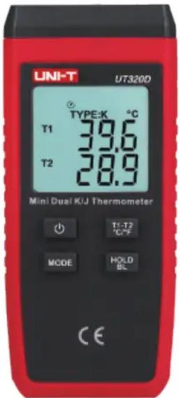 UNI-T UT320D TYPE:K °C T1 39.6 T2 28.9 Mini Dual KJ Thermometer T5-T2 °C,°F MODE HOLD BL CE