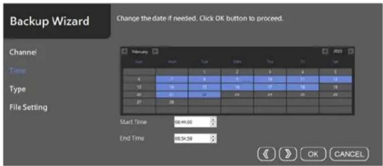 Backup Wizard Change the date if needed. Click OK button to proceed. Channel Time Type File Setting February June July August September October November December January February June July August September October November December January February June July August September October November Decembe…