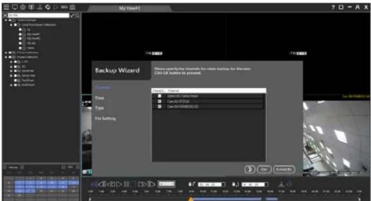 My View1 Backup Wizard Please identify the channels for video backup for the user. OK OK button to present Channel: Channel □ Select to Select Now ☑ Cen:00 #T2333 ☐ Cen:00 #T2333/02-02 Cen:00 #T2333/02-02 File Setting OK CANCE