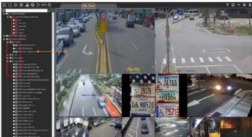 Screenshot of a traffic monitoring system interface showing multiple road surveillance feeds and vehicle detection windows with visible route numbers and vehicle IDs.