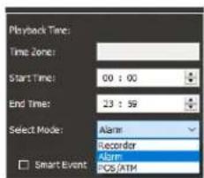 Playback Time: Time Zone: Start Time: 00 : 00 End Time: 23 : 59 Select Mode: Alarm Recorder Alarm PCS/ATM Smart Event