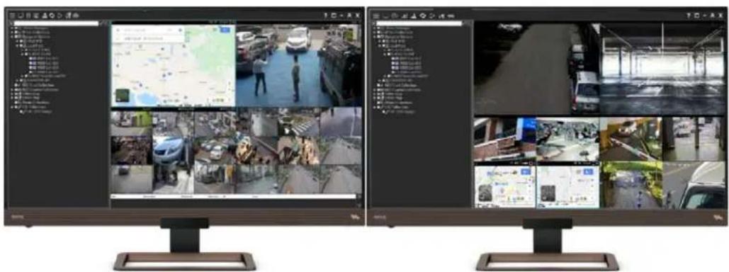 Two computer monitors displaying surveillance feeds for cars and vehicles, with Chinese text labels and icons visible.