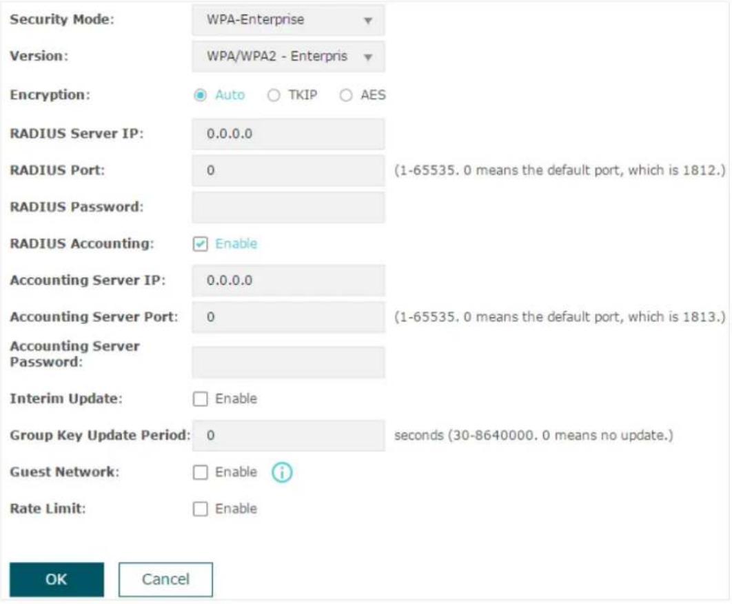 Security Mode: WPA-Enterprise Version: WPA/WPA2 - Enterprise Encryption: Auto TKIP AES RADIUS Server IP: 0.0.0.0 RADIUS Port: 0 (1-65535. 0 means the default port, which is 1812.) RADIUS Password: RADIUS Accounting: Enable Accounting Server IP: 0.0.0.0 Accounting Server Port: 0 (1-65535. 0 means the…