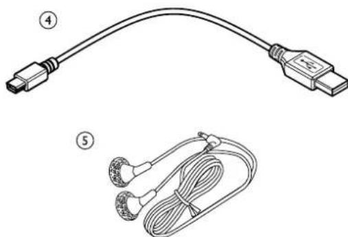 Illustration of a USB cable with two earbuds and a connector, labeled 4 and 5 (no text or symbols on the cable itself)