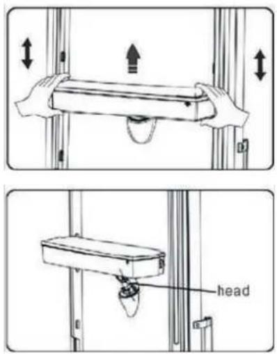 Technical diagram showing two steps of a door handle assembly with labeled head component