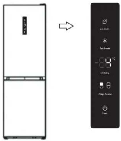 Diagram showing a refrigerator with temperature control panel and directional arrow, likely illustrating appliance cooling or heating process.